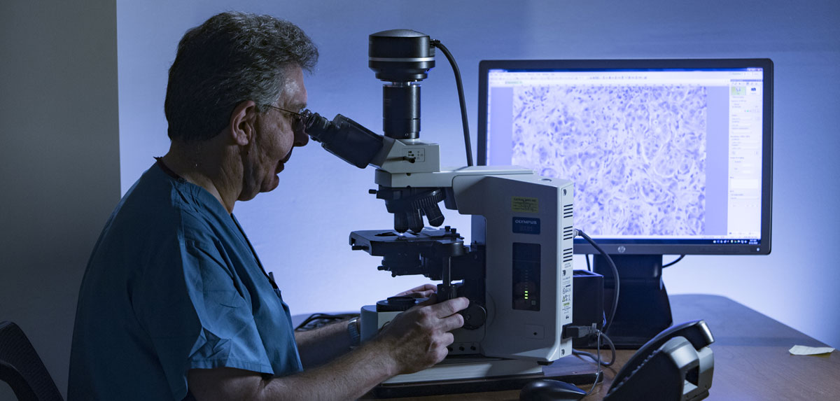 Doctor looking into microscope